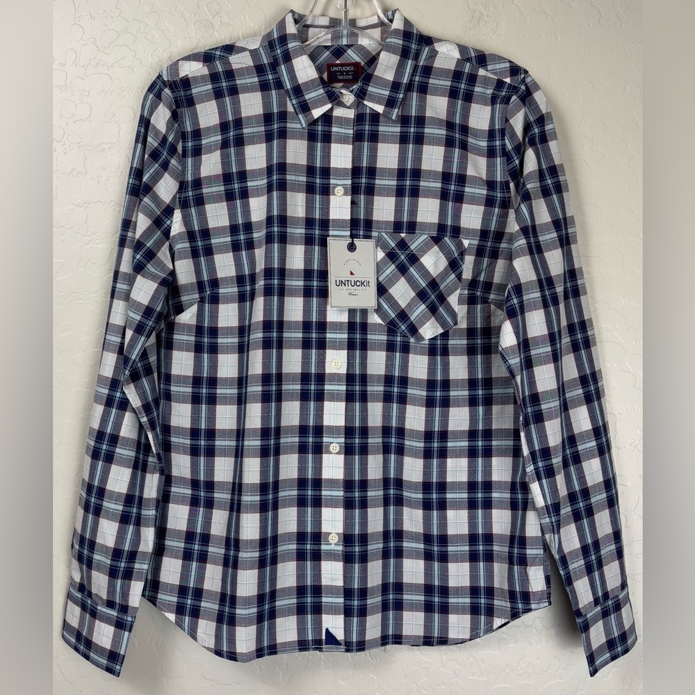 UNTUCKit Sorbo Womens Navy Blue Plaid Cotton Button‎ Down Shirt Size M 1039
